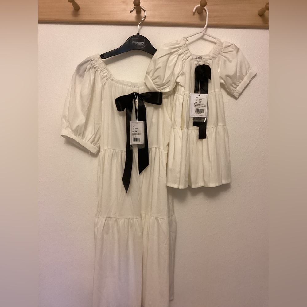 White Midi Puff-Sleeve Dress with Black Bow